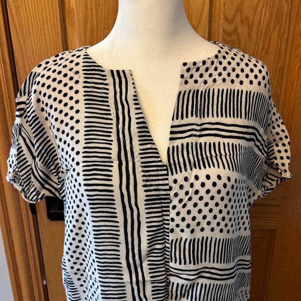 Madewell Central Shirt Women XS Black White‎ Excellent Polka Dot Striped Viscose - Picture 2 of 4